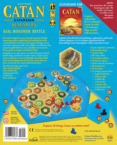 Catan: Seafarers game box showcasing colorful game components such as hexagonal tiles, ships, and settlements. The design features vibrant illustrations representing various terrains and sea routes, capturing the adventurous spirit of exploration, trade, and strategy. The title 'Catan: Seafarers' is boldly displayed, with additional text highlighting its expansion compatibility with the base game Catan.
