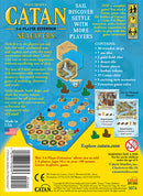Catan: Seafarers – 5-6 Player Extension game packaging featuring colorful artwork. The back of the box describes gameplay elements including new ships, sea hexes, and extension game rules. Ideal for enhancing the Catan experience for larger groups, with a focus on exploration, settlement building, and strategy. Suitable for ages 10 and up, the extension allows up to 6 players to enjoy the classic Catan game with added nautical adventures.