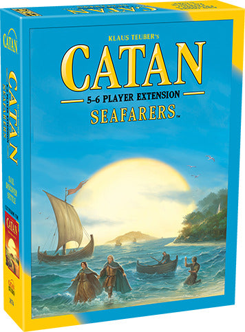 Catan: Seafarers – 5-6 Player Extension board game box featuring vibrant artwork of explorers on the ocean, with ships and an island backdrop. The box showcases the game title and includes details about the expansion.