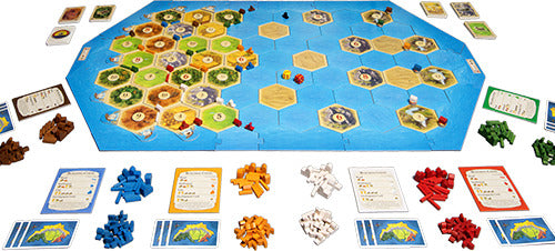Catan: Seafarers – 5-6 Player Extension game setup featuring a colorful board with hexagonal tiles representing islands, seas, and resources. The game includes wooden player pieces in various colors, resource cards, and development cards, creating a vibrant atmosphere for strategic gameplay. Perfect for expanding the classic Catan experience to accommodate more players.