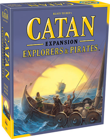 A vibrant box for the game 'Catan: Explorers & Pirates' featuring adventurous scenes of pirates, explorers, and ships on the ocean. The game is designed by Klaus Teuber and published by Mayfair Games, showcasing bold yellow and blue colors. The box includes dynamic artwork depicting a sun setting over the sea, enticing players to embark on their own exploration and conquest.