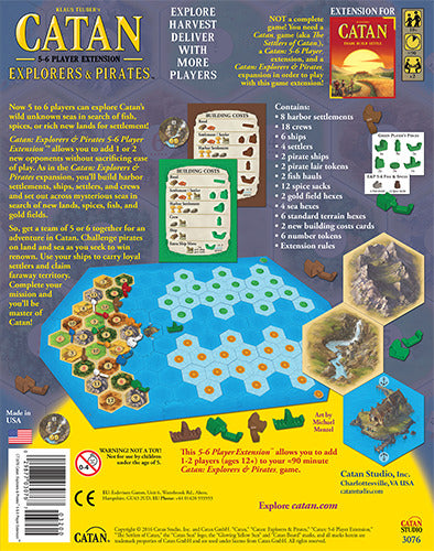 Catan: Explorers & Pirates 5-6 Player Extension by Mayfair Games. The back of the box displays game contents including harbors, hex tiles, and pirate ships. This extension allows up to 6 players to explore, harvest resources, and compete for victory in the expansive game of Catan.