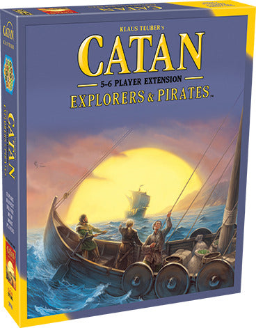 Catan: Explorers & Pirates 5-6 Player Extension game box featuring dramatic artwork of characters sailing on a boat with a bright sunset in the background. The title is prominently displayed in bold lettering with a pirate ship in the distance, inviting players to embark on new adventures.