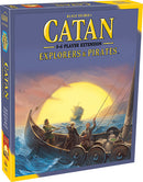 Catan: Explorers & Pirates 5-6 Player Extension game box featuring dramatic artwork of characters sailing on a boat with a bright sunset in the background. The title is prominently displayed in bold lettering with a pirate ship in the distance, inviting players to embark on new adventures.
