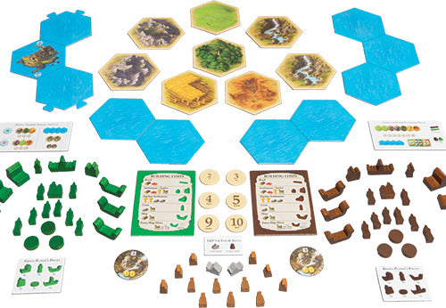 An overhead view of the Catan: Explorers & Pirates – 5-6 Player Extension game by Mayfair Games. The image displays various game components including terrain hexagonal tiles, wooden tokens, resource cards, and player pieces in different colors. Blue water tiles are interspersed with land tiles featuring forests, mountains, and settlements, creating an inviting setup for strategic gameplay.
