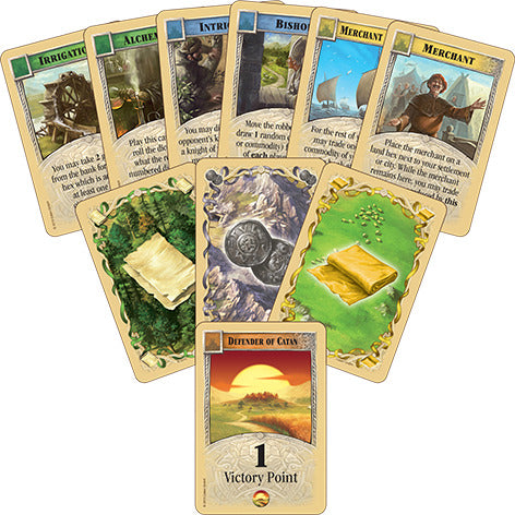 A collection of Catan: Cities & Knights game cards laid out neatly. The cards feature various illustrations depicting game mechanics such as irrigation, alchemy, and merchants. Each card showcases vivid colors and thematic designs related to the strategic gameplay of Catan.
