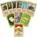 A collection of Catan: Cities & Knights game cards laid out neatly. The cards feature various illustrations depicting game mechanics such as irrigation, alchemy, and merchants. Each card showcases vivid colors and thematic designs related to the strategic gameplay of Catan.