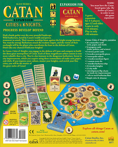 Catan: Cities & Knights board game expansion box featuring vibrant artwork. The back displays game components, including resource cards and a modular game board. Instructions detail gameplay mechanics such as developing cities, defending against threats, and earning victory points.