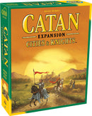 The Catan: Cities & Knights board game box featuring vibrant artwork of knights on horseback riding across a scenic landscape. The box showcases the game title prominently in bold yellow letters against a sunset background, indicating it's an expansion for the popular Catan series.