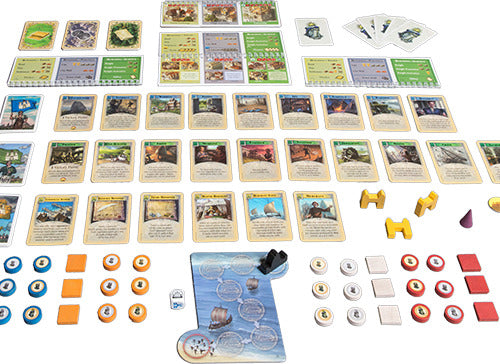 An overhead view of the Catan: Cities & Knights board game, showcasing the various game components including resource cards, building development cards, player pieces, and a modular board set up for gameplay.