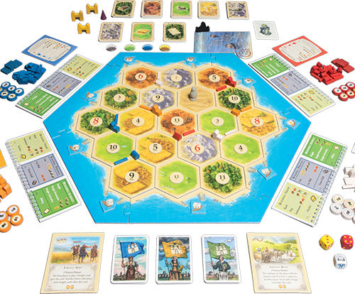 Catan: Cities & Knights board game featuring a hexagonal game board with various resource tiles, player pieces in different colors, and development cards. The layout includes numbered tiles, roads, settlements, and cities. Accessories such as dice and tokens are also visible around the board, suggesting a strategic gameplay experience.