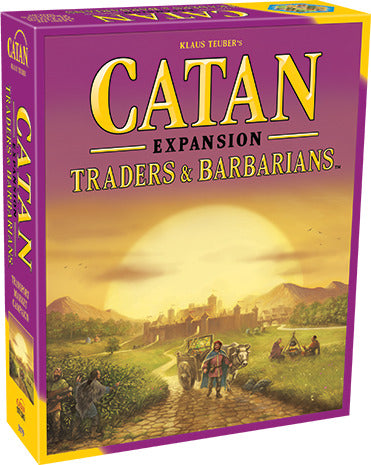 Catan: Traders & Barbarians board game box featuring vibrant artwork. The box displays scenes of traders and barbarians in a scenic landscape, highlighting the game's theme of trade and adventure. The title is prominently featured in bold, yellow text against a purple background.