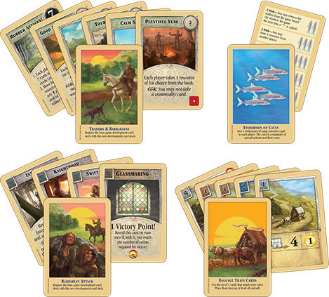A vibrant display of Catan: Traders & Barbarians game cards. The collection includes action cards, building resources, and various character illustrations, showcasing the game's engaging elements. Each card features colorful artwork depicting traders, barbarians, and resources, inviting players to strategize and enhance their Catan experience.