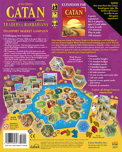 Catan: Traders & Barbarians expansion box by Asmodee. The back of the box showcases the game components, including a game board with hex tiles, wooden tokens, and illustrated cards. The title 'Catan: Traders & Barbarians' is prominently displayed at the top, detailing the game as suitable for 3-4 players, with a playing time of 60 minutes. Features include new scenarios, knights, and additional gameplay elements.