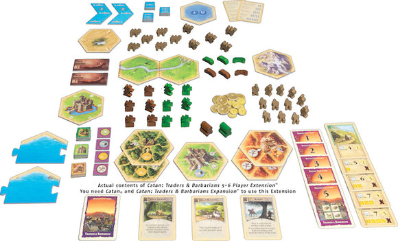Catan: Traders & Barbarians – 5-6 Player Extension game components spread out. Includes hexagonal terrain tiles, resource tokens, game cards, and player pieces in various colors, enriching the gameplay for up to six players. Ideal for fans of strategy board games.