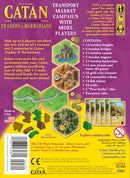 Catan: Traders & Barbarians 5-6 Player Extension box featuring vibrant illustrations and components. The back includes details about game contents, such as wooden knights, bridges, wagons, and scenario variations for extended play with up to 6 players. It showcases a colorful game board and cards, inviting players into an engaging and strategic world of trading and adventure.