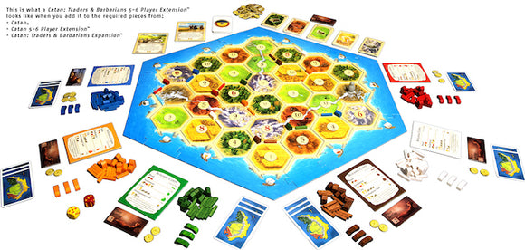 An expansive view of the Catan: Traders & Barbarians – 5-6 Player Extension game set. The board features a hexagonal arrangement with various resources like wood, brick, and wheat. There are player pieces in various colors, including settlements, cities, and roads, alongside resource cards and dice. The setup showcases the additional components needed to accommodate 5-6 players, emphasizing strategic gameplay and resource management.