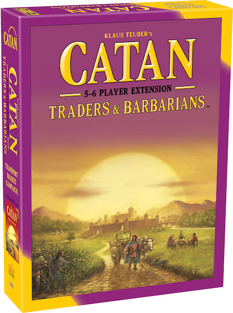 Catan: Traders & Barbarians 5-6 Player Extension game box featuring vibrant artwork of a fertile landscape, merchants, and farmers. The box showcases the title prominently in bold letters, inviting players to expand their Catan experience with additional strategies and interactions.