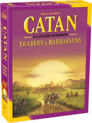 Catan: Traders & Barbarians 5-6 Player Extension game box featuring vibrant artwork of a fertile landscape, merchants, and farmers. The box showcases the title prominently in bold letters, inviting players to expand their Catan experience with additional strategies and interactions.
