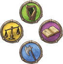 Four game tokens from Rivals for Catan featuring a scale, harp, book, and axe, each enclosed in colorful circular borders. Ideal for gaming enthusiasts.
