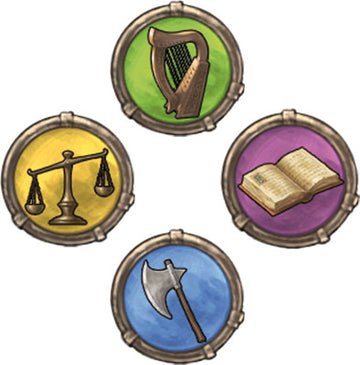 Four game tokens from Rivals for Catan featuring a scale, harp, book, and axe, each enclosed in colorful circular borders. Ideal for gaming enthusiasts.