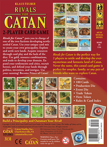 Back of the Rivals for Catan game box showcasing the 2-player card game by Asmodee. It features vibrant illustrations and descriptions of gameplay, components including 180 cards, production dice, event dice, trade tokens, hero tokens, and a rules booklet. The design highlights strategic elements and the exciting challenge of becoming the Prince of Catan. Perfect for players interested in tactical card games and exploring the Catan universe.