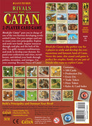 Back of the Rivals for Catan game box showcasing the 2-player card game by Asmodee. It features vibrant illustrations and descriptions of gameplay, components including 180 cards, production dice, event dice, trade tokens, hero tokens, and a rules booklet. The design highlights strategic elements and the exciting challenge of becoming the Prince of Catan. Perfect for players interested in tactical card games and exploring the Catan universe.