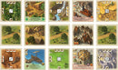 An overview of the game 'Rivals for Catan' produced by Asmodee, featuring various game cards laid out in a grid format. The cards display settlements, resources, and gameplay elements, each accompanied by icons indicating actions or resources. The vibrant illustrations depict different landscapes and structures relevant to the game, enhancing the thematic experience of Catan.