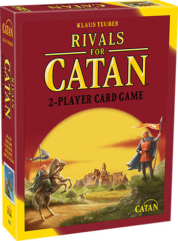 Box of Rivals for Catan, a 2-player card game by Asmodee. The cover features the title prominently in yellow against a red background, with illustrations of knights and a village scene.