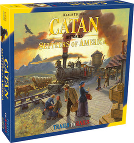 The box of Catan Histories: Settlers of America - Trails to Rails presents vibrant artwork featuring a historical American landscape with a steam locomotive, settlers, and a bustling train station. The box shows the game's title prominently at the front in bold letters, with scenic mountains and crows in the background.