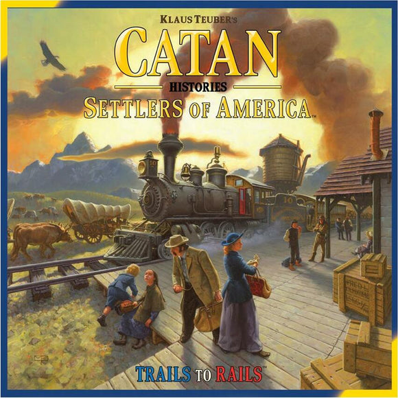 Catan Histories: Settlers of America - Trails to Rails game box featuring an illustrated scene of a bustling train station in the American frontier. The artwork shows a steam locomotive, travelers in period clothing, and covered wagons in the background, evoking themes of exploration and settlement.
