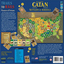 Catan Histories: Settlers of America - Trails to Rails board game featuring a detailed game board of the United States with hex tile geography, resource cards, and various game components. The game focuses on strategy involving exploring, settling, building, and trading across the frontier. Bright and colorful illustrations highlight the gameplay elements and historical themes.