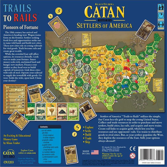 Catan Histories: Settlers of America - Trails to Rails board game featuring a detailed game board of the United States with hex tile geography, resource cards, and various game components. The game focuses on strategy involving exploring, settling, building, and trading across the frontier. Bright and colorful illustrations highlight the gameplay elements and historical themes.