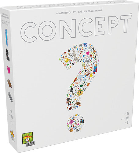The Concept board game by Repos shows a colorful, playful design featuring various icons and symbols on a white box. The title 'CONCEPT' is prominently displayed at the top in large letters, inviting players to engage in a fun and creative guessing game. Ideal for family and friends, it encourages teamwork and communication while stimulating the imagination.