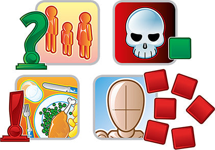 An engaging game design featuring various icons: a question mark symbolizing inquiry, three figures representing players, a skull indicating challenge, and colorful game pieces including a green square and red squares. The arrangement suggests a dynamic and interactive gameplay experience, perfect for family game nights or gatherings.