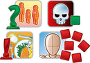 An engaging game design featuring various icons: a question mark symbolizing inquiry, three figures representing players, a skull indicating challenge, and colorful game pieces including a green square and red squares. The arrangement suggests a dynamic and interactive gameplay experience, perfect for family game nights or gatherings.