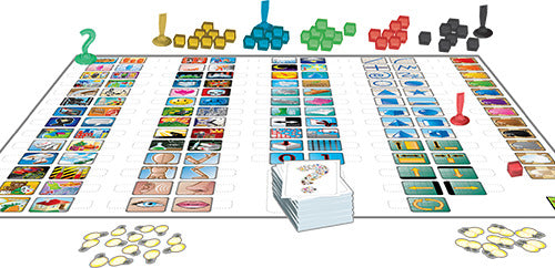 The game Concept, designed by Repos, features a large game board filled with various icon tiles, colorful category markers, and player tokens. The setup includes question marks and stacks of cards, inviting players to use symbols and visuals to communicate ideas creatively. Ideal for family game nights and gatherings.
