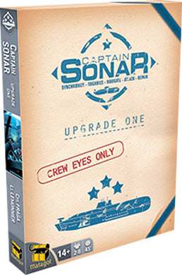 Captain Sonar: Upgrade One game by Asmodee. The box features a vintage design with the game title prominently displayed. It includes military themes and highlights the words 'Crew Eyes Only,' suggesting a strategic, team-based gameplay experience. Ideal for ages 14 and older, this expansion enhances the original Captain Sonar game, promoting communication and tactical thinking among players.