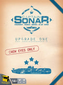A product image of Captain Sonar: Upgrade One, a strategy game by Asmodee. The design features a nautical theme with a submarine graphic, blue text stating ‘Captain Sonar’ and ‘Upgrade One’, and the phrase ‘Crew Eyes Only’. It includes illustrations of stars and game details, such as ages 14+, players 2-8, and 45-minute playtime.