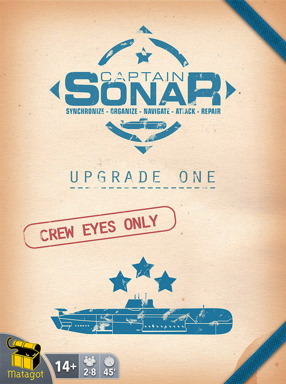 A product image of Captain Sonar: Upgrade One, a strategy game by Asmodee. The design features a nautical theme with a submarine graphic, blue text stating ‘Captain Sonar’ and ‘Upgrade One’, and the phrase ‘Crew Eyes Only’. It includes illustrations of stars and game details, such as ages 14+, players 2-8, and 45-minute playtime.