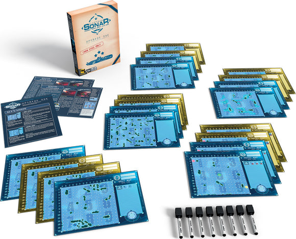 Captain Sonar: Upgrade One game set by Asmodee, featuring detailed game boards in blue and gold, player markers, and rule cards. The box is styled with a modern design and showcases the game's features for strategic gameplay. Ideal for team-oriented play, enhancing the Captain Sonar experience.