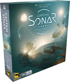 The game 'Captain Sonar' by Matagot features a visually striking box design with submarines navigating through underwater depths. The title 'Captain Sonar' is prominently displayed at the top, along with the tagline 'synchronize - organize - navigate - attack - repair'. The design features dark and moody colors, emphasizing the adventurous theme of the game, suitable for 2-8 players aged 14 and up and intended for gameplay lasting around 45 minutes.