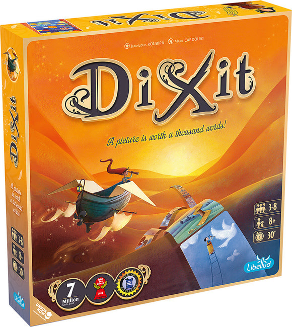Dixit Refresh (2021) board game by Asmodee featuring a colorful box cover with whimsical artwork. The game supports 3-8 players and is suitable for ages 8 and up, designed for 30 minutes of playtime.