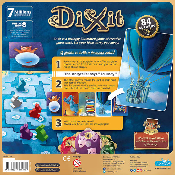 Dixit Refresh (2021) game by Asmodee, featuring a beautifully illustrated game board with various cards. The back illustrates how to play, showing players taking turns as storytellers and choosing cards based on clues. Includes vibrant artwork and descriptions of gameplay mechanics, highlighting the creative and imaginative nature of the game.