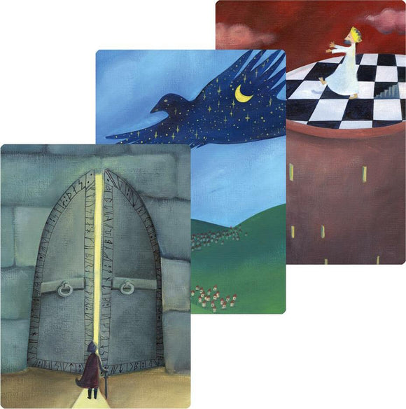 Dixit: Quest game by Asmodee features beautifully illustrated cards depicting imaginative scenes. Each card showcases vibrant artwork, including a mysterious door with engravings, a starry night sky with a bird, and a figure walking on a checkerboard pattern among clouds. Ideal for storytelling and creativity.