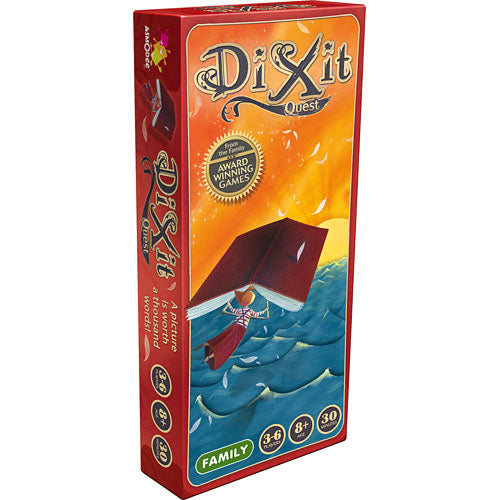 Dixit: Quest board game by Asmodee, featuring an artistically illustrated box with vibrant colors. The design includes a flying book over ocean waves, emphasizing creativity and imagination. Suitable for ages 8 and up, designed for 3 to 6 players, with a playtime of approximately 30 minutes. Perfect for family game nights and gatherings.