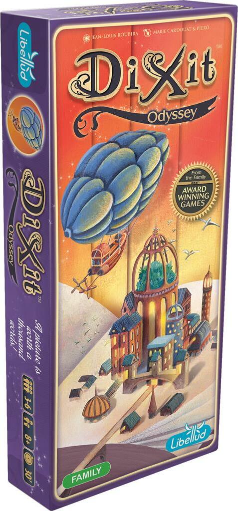 Dixit: Odyssey board game by Asmodee presented in a vibrant box design. The box features whimsical artwork including a hot air balloon and an imaginative cityscape. Suitable for family play, this award-winning game encourages creativity and storytelling among players.