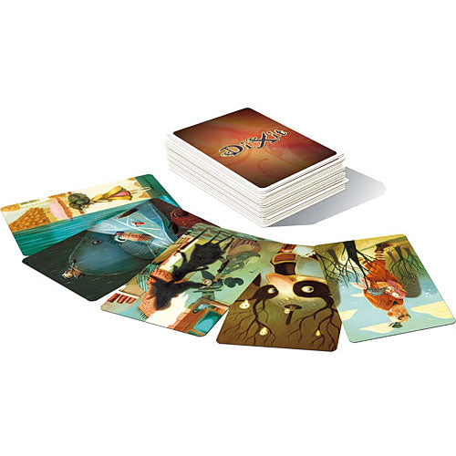 Dixit: Origins board game by Asmodee, featuring a stack of beautifully illustrated cards. Various cards show imaginative artwork, including a panda, whimsical landscapes, and surreal scenes, inviting creativity and storytelling.