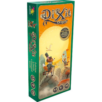 Dixit: Origins board game by Asmodee. The packaging features whimsical artwork with characters like a fox and a rabbit on a colorful landscape. It is designed for 3-6 players, suitable for ages 8 and up, and has a playtime of about 30 minutes. The game emphasizes creativity and storytelling.