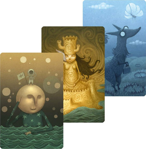 A depiction of three illustrated cards from Dixit: Daydreams by Asmodee. The first card features a figure with an astronaut helmet sitting atop a round, golden head, surrounded by swirling water. The second card depicts a mysterious woman with long hair adorned in ornate armor seated on a castle, encapsulated in swirling patterns. The third card presents a whimsical creature resembling a wolf, holding a briefcase, set against a serene landscape with soft clouds and a butterfly.